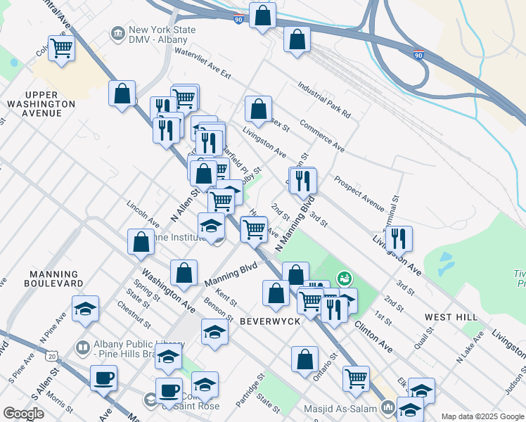 map of restaurants, bars, coffee shops, grocery stores, and more near 18 North Manning Boulevard in Albany