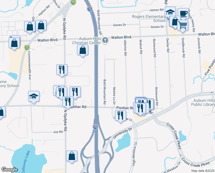 map of restaurants, bars, coffee shops, grocery stores, and more near 2176 Phillips Road in Auburn Hills