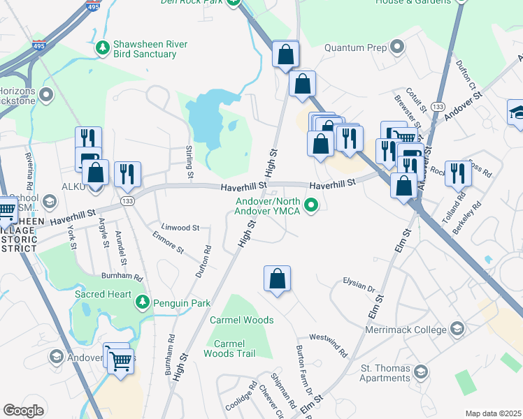 map of restaurants, bars, coffee shops, grocery stores, and more near 9 Longwood Drive in Andover