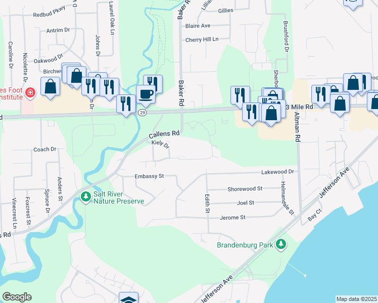map of restaurants, bars, coffee shops, grocery stores, and more near 33875 Kiely Drive in Chesterfield