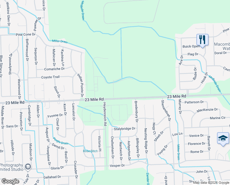 map of restaurants, bars, coffee shops, grocery stores, and more near 20777 23 Mile Road in Macomb