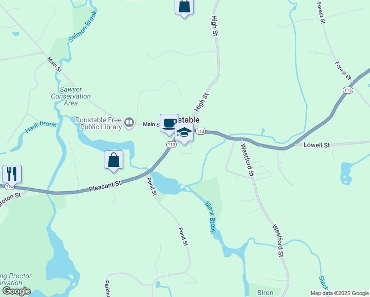 map of restaurants, bars, coffee shops, grocery stores, and more near 522 Main Street in Dunstable