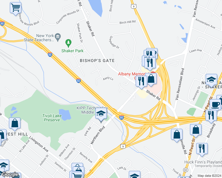 map of restaurants, bars, coffee shops, grocery stores, and more near 345 Northern Blvd in Albany