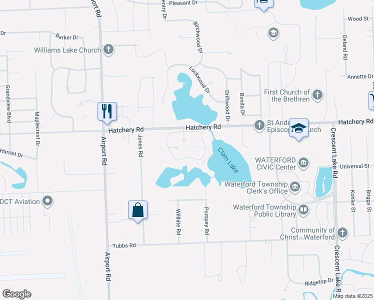 map of restaurants, bars, coffee shops, grocery stores, and more near 5601 Hatchery Road in Waterford Township