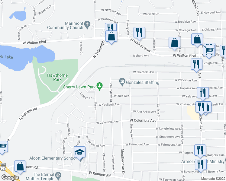map of restaurants, bars, coffee shops, grocery stores, and more near 339 West Hopkins Avenue in Pontiac