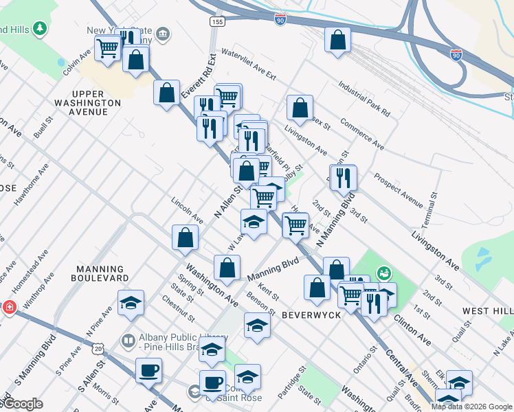 map of restaurants, bars, coffee shops, grocery stores, and more near 26 Willow Street in Albany
