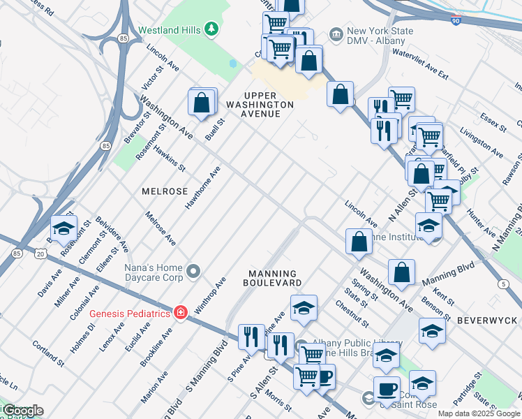 map of restaurants, bars, coffee shops, grocery stores, and more near 166 Homestead Avenue in Albany