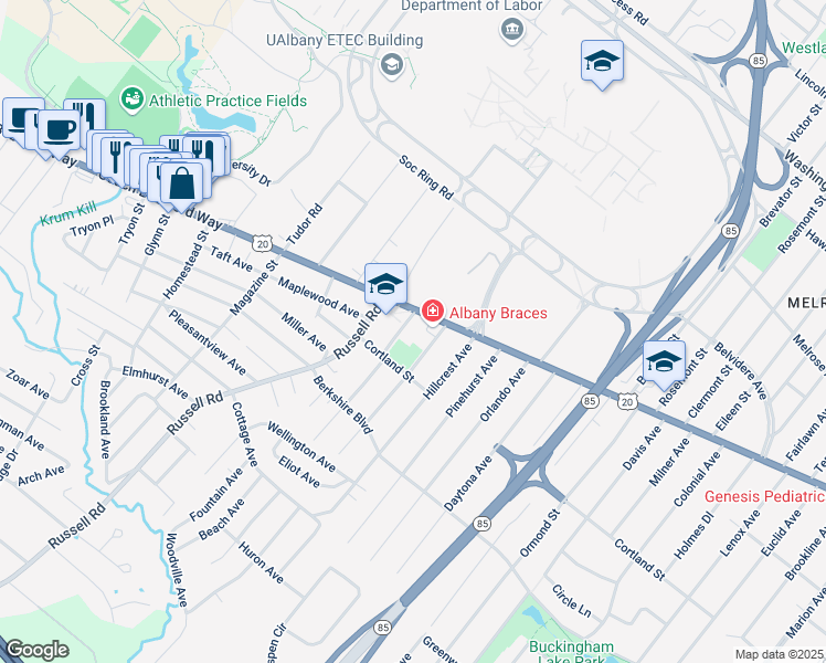 map of restaurants, bars, coffee shops, grocery stores, and more near 1016 Western Avenue in Albany