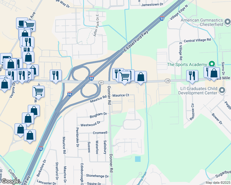 map of restaurants, bars, coffee shops, grocery stores, and more near 29050 23 Mile Road in New Baltimore