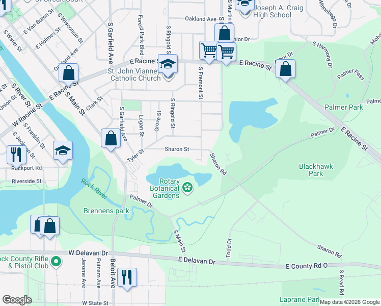 map of restaurants, bars, coffee shops, grocery stores, and more near 1422 Sharon Street in Janesville
