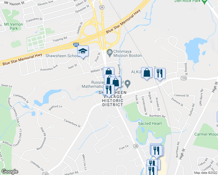 map of restaurants, bars, coffee shops, grocery stores, and more near 348 Massachusetts 28 in Andover