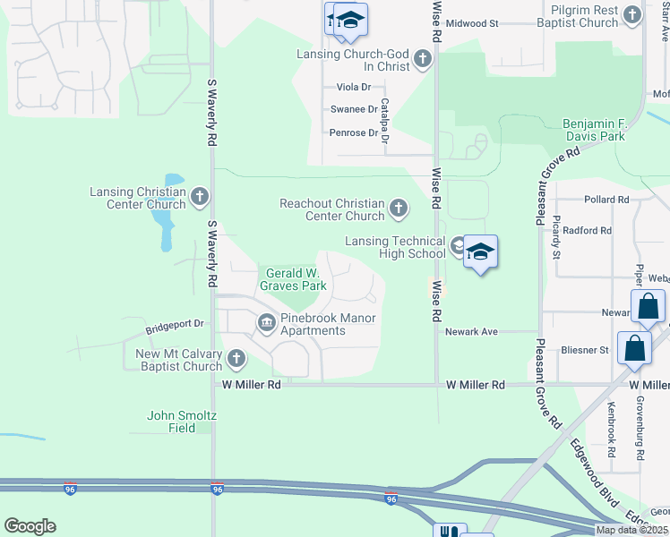 map of restaurants, bars, coffee shops, grocery stores, and more near 3424 Braeburn Drive in Lansing