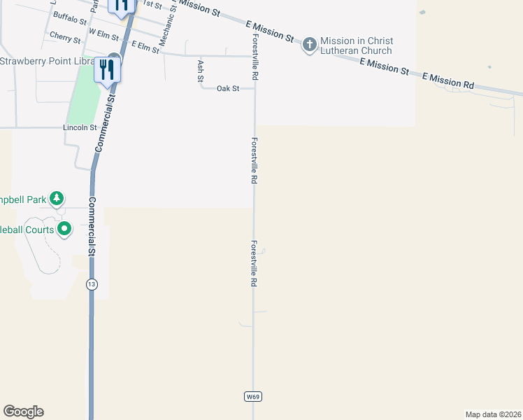 map of restaurants, bars, coffee shops, grocery stores, and more near 37428 Forestville Road in Strawberry Point