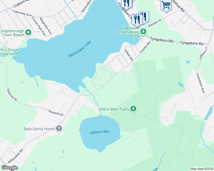 map of restaurants, bars, coffee shops, grocery stores, and more near 98 Willowdale Road in Tyngsborough