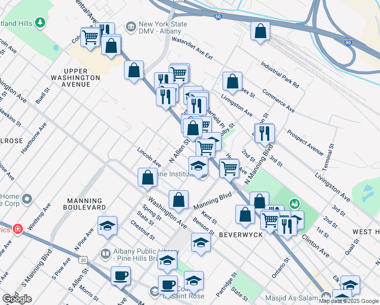map of restaurants, bars, coffee shops, grocery stores, and more near 26 Willow Street in Albany