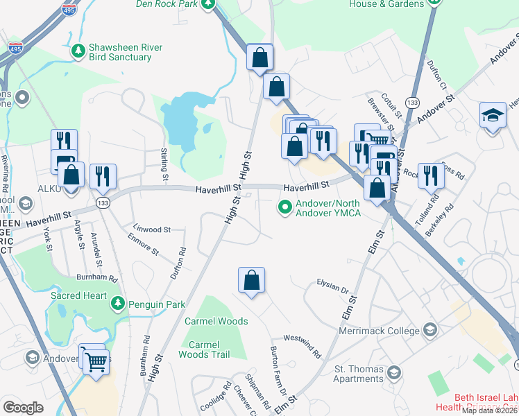 map of restaurants, bars, coffee shops, grocery stores, and more near 17 Crescent Drive in Andover