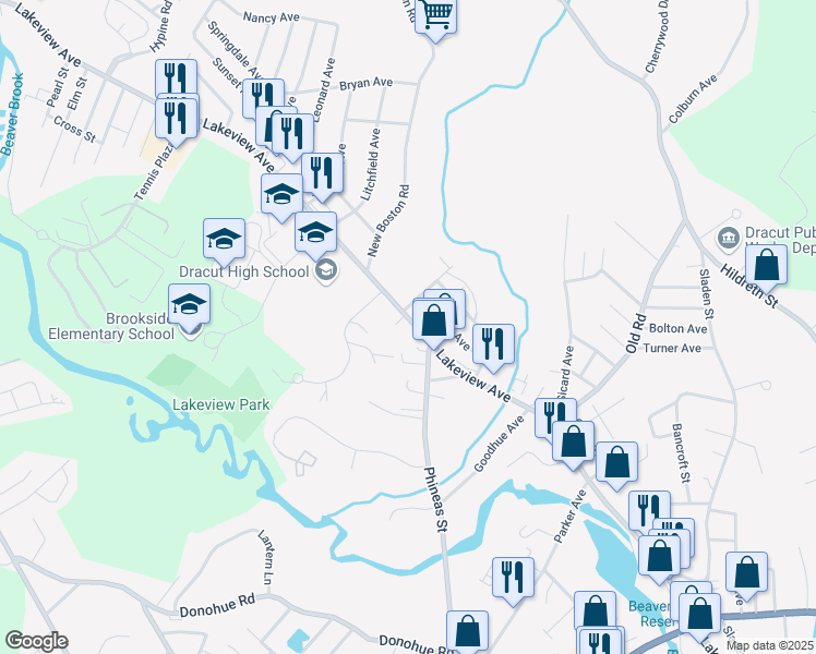 map of restaurants, bars, coffee shops, grocery stores, and more near 1468 Lakeview Avenue in Dracut