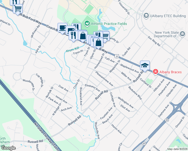 map of restaurants, bars, coffee shops, grocery stores, and more near 57 Homestead Street in Albany