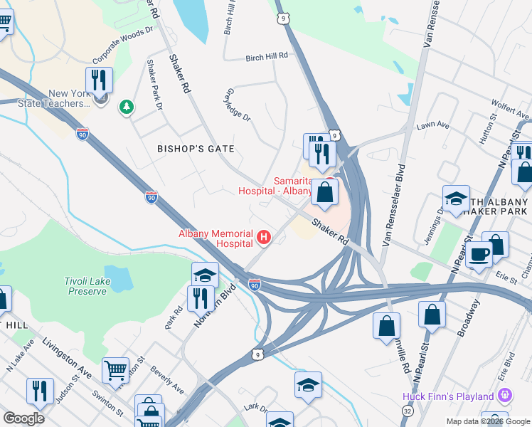 map of restaurants, bars, coffee shops, grocery stores, and more near 2 Bryn Mawr Court in Albany