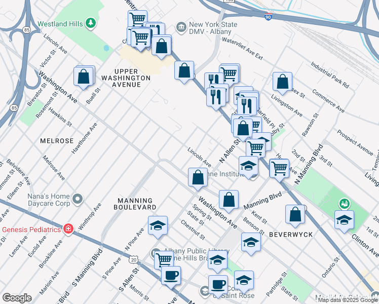 map of restaurants, bars, coffee shops, grocery stores, and more near 27 Mc Kinley Street in Albany