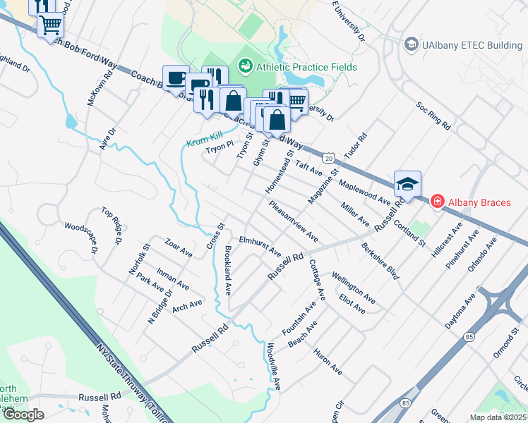 map of restaurants, bars, coffee shops, grocery stores, and more near 57 Homestead Street in Albany