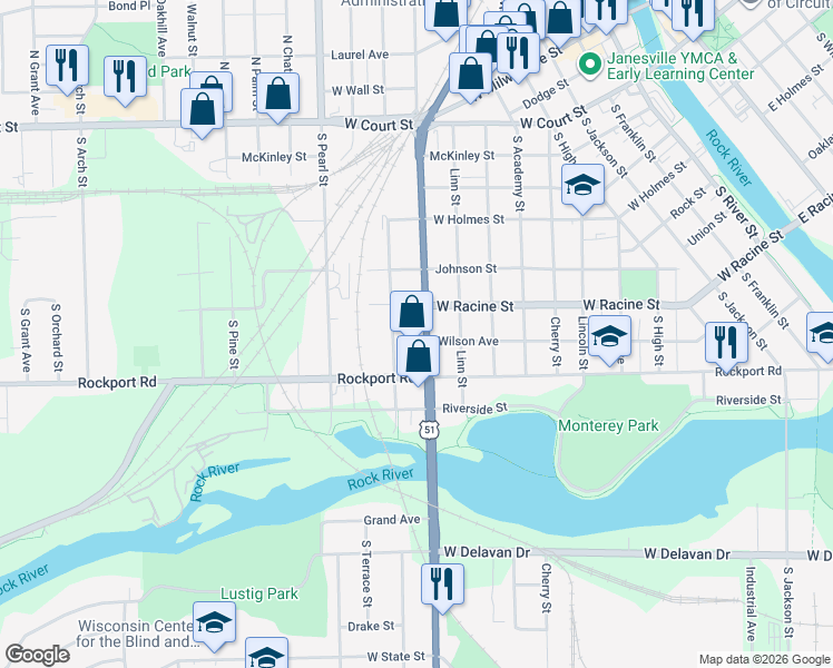 map of restaurants, bars, coffee shops, grocery stores, and more near 519 South Washington Street in Janesville