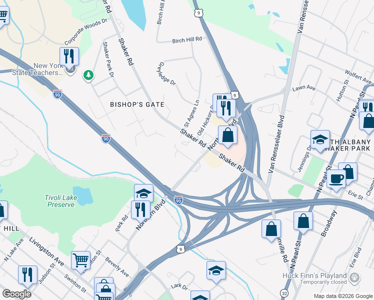 map of restaurants, bars, coffee shops, grocery stores, and more near 2 Bryn Mawr Ct in Albany