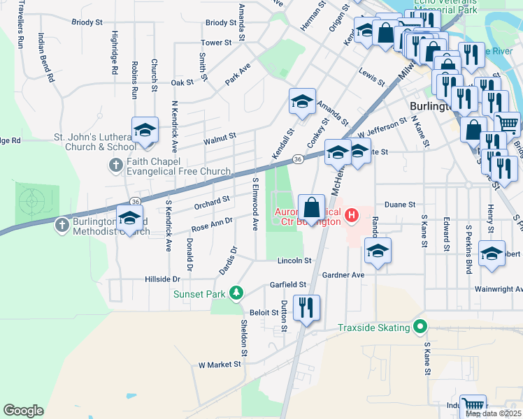 map of restaurants, bars, coffee shops, grocery stores, and more near 232 S Elmwood Ave in Burlington