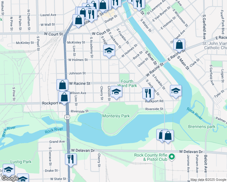 map of restaurants, bars, coffee shops, grocery stores, and more near 468 Wilson Avenue in Janesville