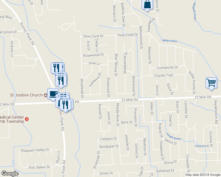 map of restaurants, bars, coffee shops, grocery stores, and more near 51154 Pinewood Drive in Macomb