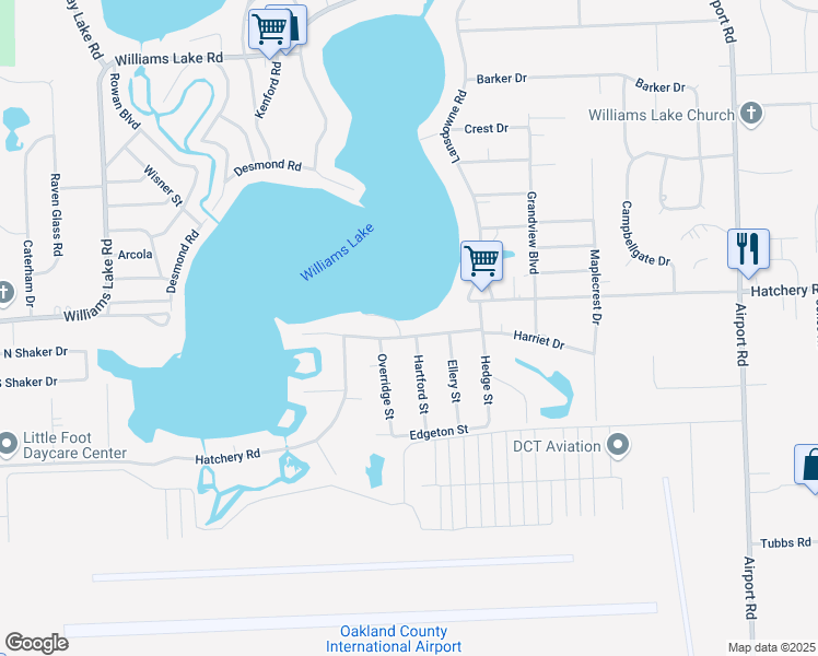 map of restaurants, bars, coffee shops, grocery stores, and more near 6684 Hatchery Road in Waterford Township