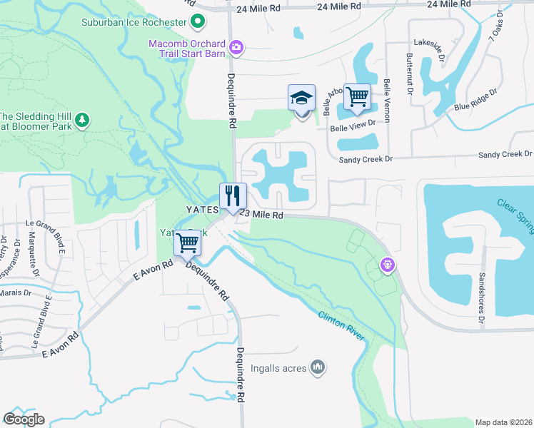 map of restaurants, bars, coffee shops, grocery stores, and more near 2018 23 Mile Road in Macomb County