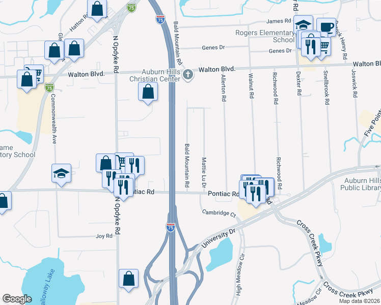 map of restaurants, bars, coffee shops, grocery stores, and more near 2176 Phillips Road in Auburn Hills