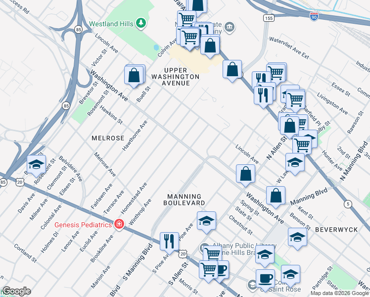 map of restaurants, bars, coffee shops, grocery stores, and more near 170 Winthrop Avenue in Albany