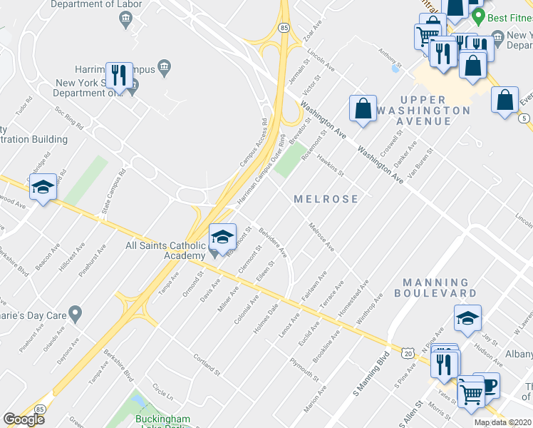 map of restaurants, bars, coffee shops, grocery stores, and more near 53 Rosemont Street in Albany