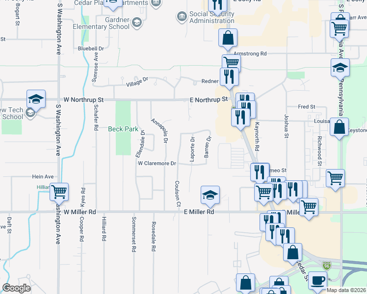 map of restaurants, bars, coffee shops, grocery stores, and more near 5741 Coulson Court in Lansing