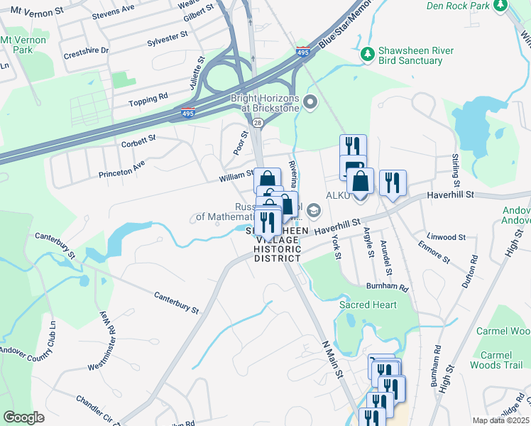 map of restaurants, bars, coffee shops, grocery stores, and more near 348 Massachusetts 28 in Andover