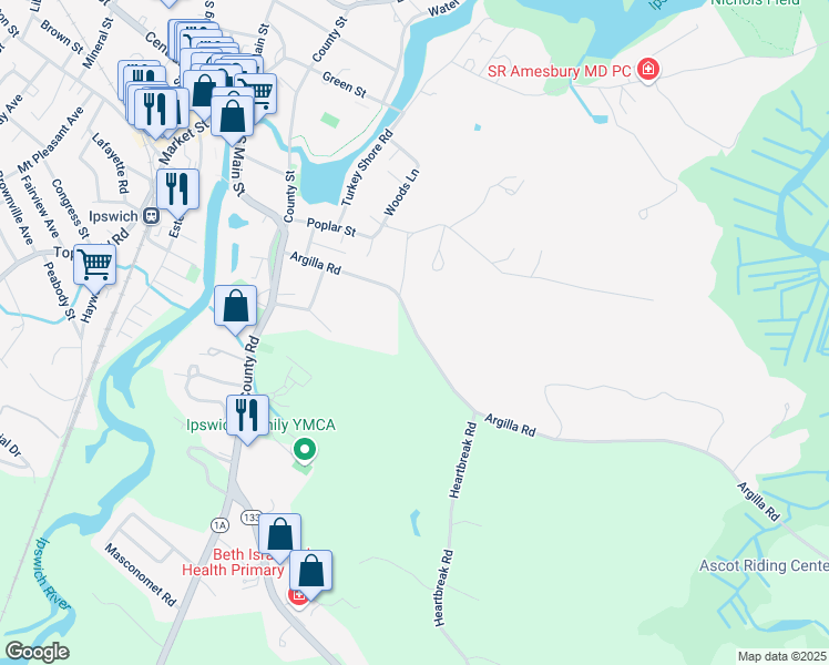 map of restaurants, bars, coffee shops, grocery stores, and more near 37 Argilla Road in Ipswich