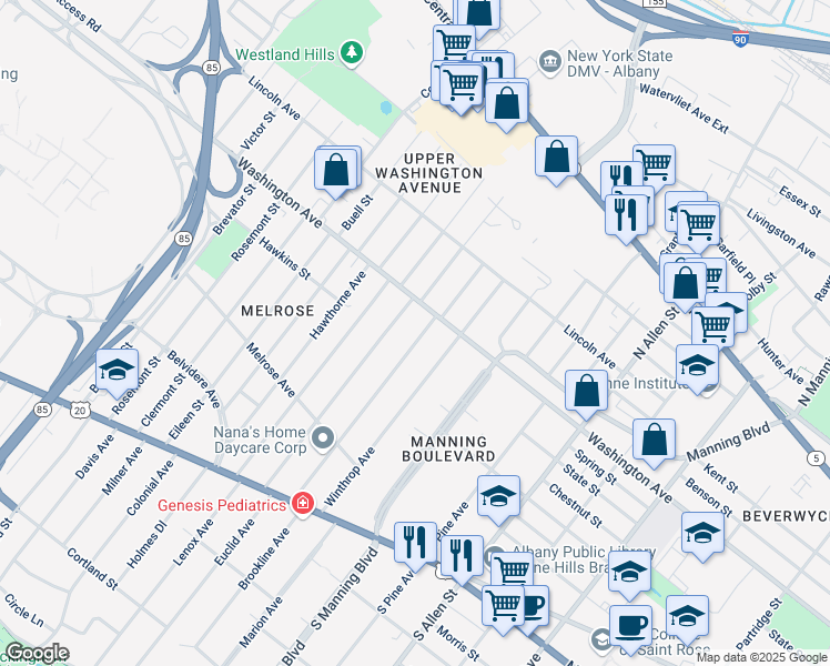 map of restaurants, bars, coffee shops, grocery stores, and more near 166 Homestead Avenue in Albany