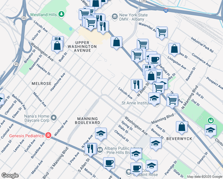 map of restaurants, bars, coffee shops, grocery stores, and more near 17 Cleveland Street in Albany