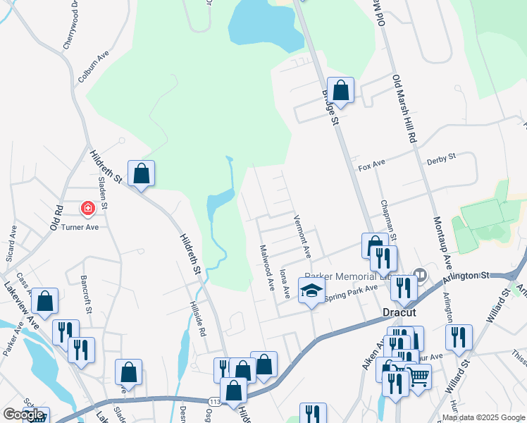 map of restaurants, bars, coffee shops, grocery stores, and more near 3 Wesley Street in Dracut