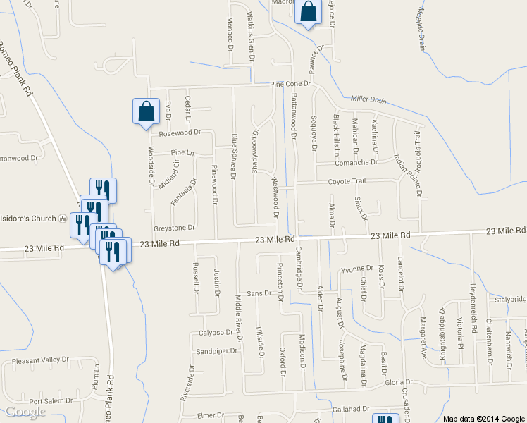 map of restaurants, bars, coffee shops, grocery stores, and more near 51136 Shadywood Drive in Macomb