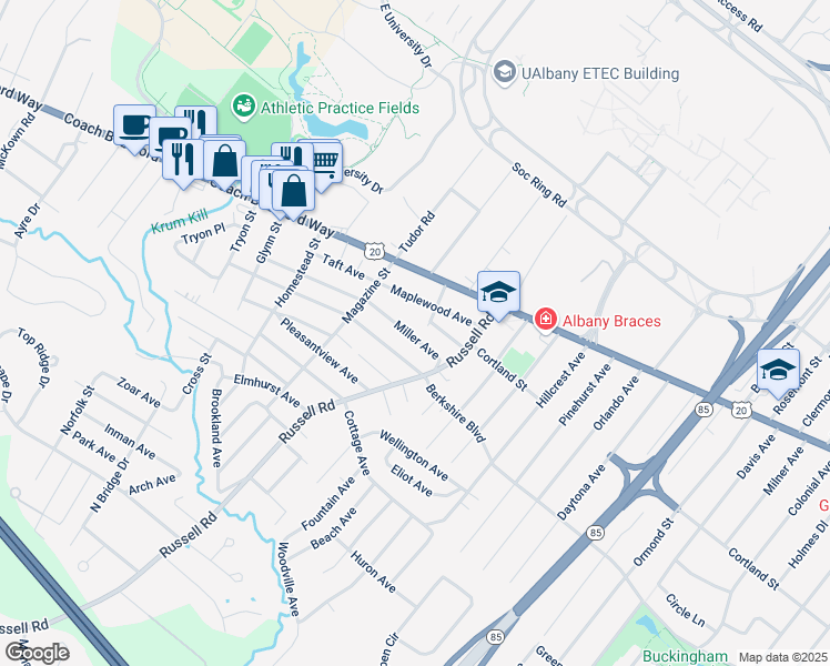 map of restaurants, bars, coffee shops, grocery stores, and more near 27 Miller Avenue in Albany