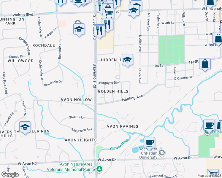 map of restaurants, bars, coffee shops, grocery stores, and more near 540 Mary Ellen Road in Rochester Hills