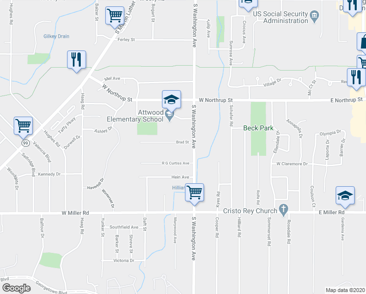 map of restaurants, bars, coffee shops, grocery stores, and more near 825 Brad Street in Lansing