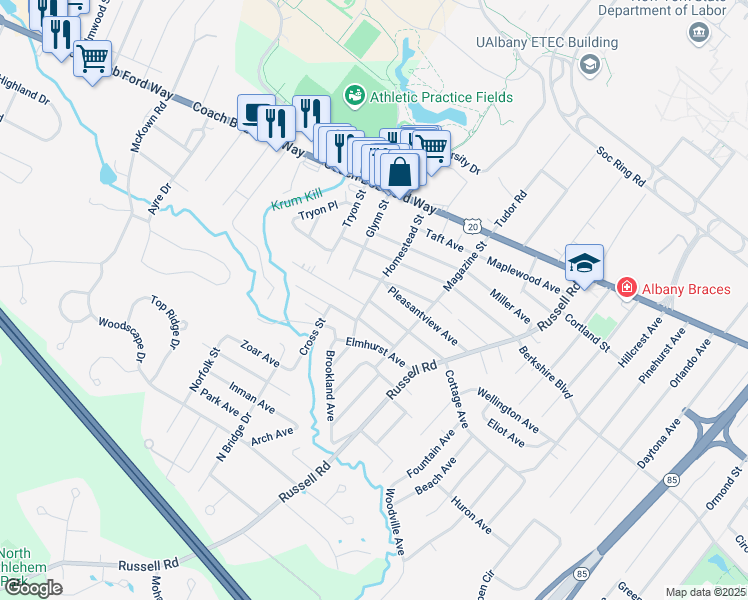 map of restaurants, bars, coffee shops, grocery stores, and more near 57 Homestead Street in Albany