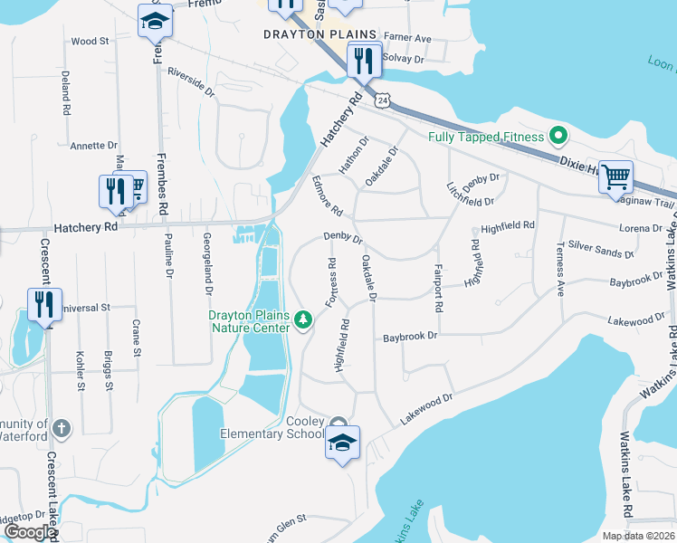 map of restaurants, bars, coffee shops, grocery stores, and more near 2190 Fortress Road in Waterford Township