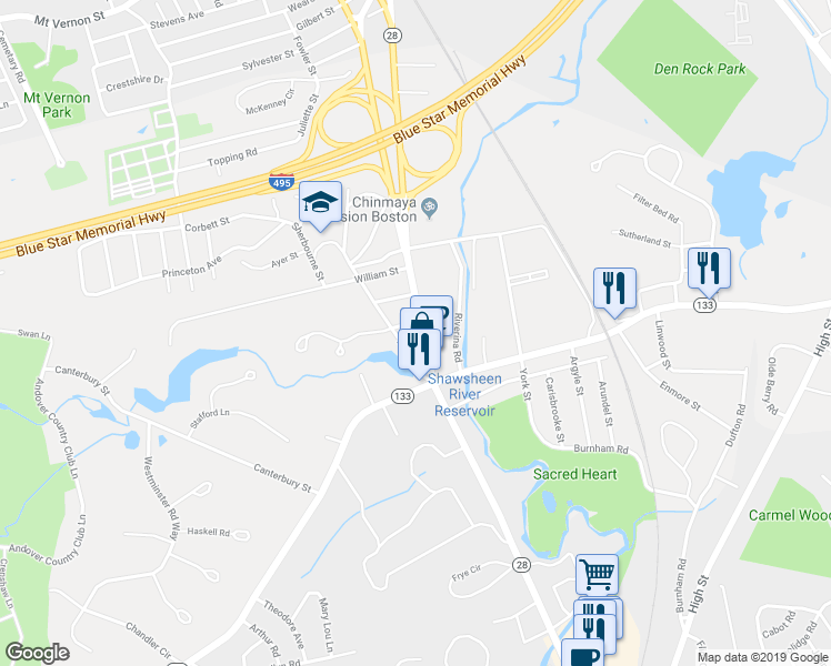 map of restaurants, bars, coffee shops, grocery stores, and more near 348 Massachusetts 28 in Andover