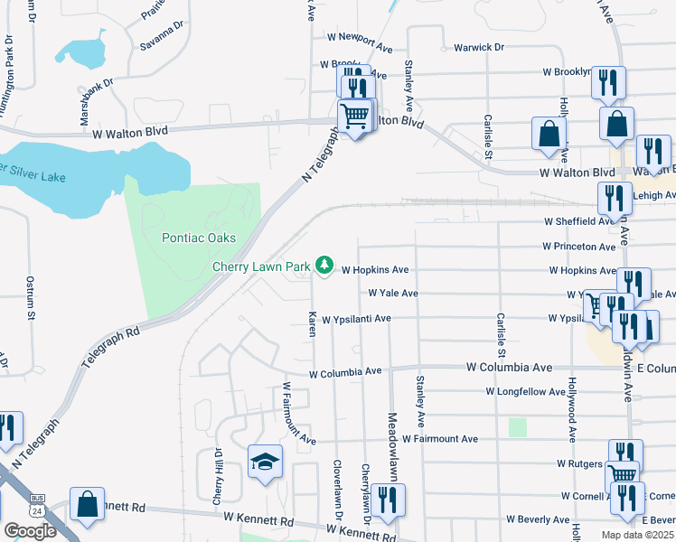 map of restaurants, bars, coffee shops, grocery stores, and more near 410 West Hopkins Avenue in Pontiac