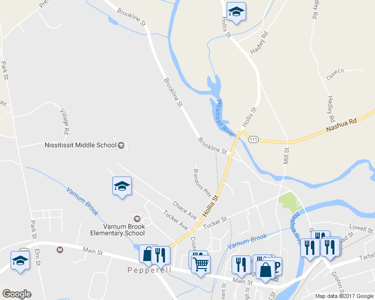 map of restaurants, bars, coffee shops, grocery stores, and more near 12 Brookline Street in Pepperell